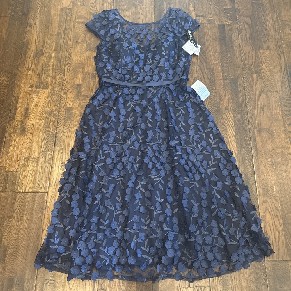 Xscape Navy Mesh Floral Dress Style 4029X Women’s 10 NWT Nordstrom Tags